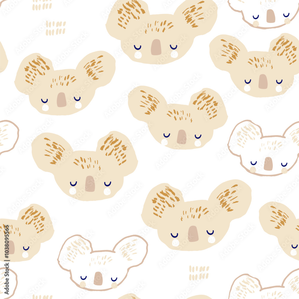 Obraz premium Seamless pattern with hand drawn cute sleeping koala character. Childish adorable texture with cartoon koalas. Vector illustration
