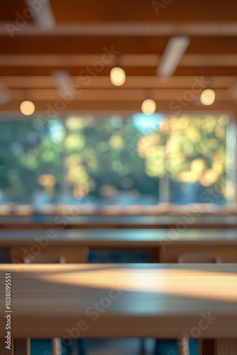 A serene modern indoor space with blue walls and wooden chairs illuminated by...