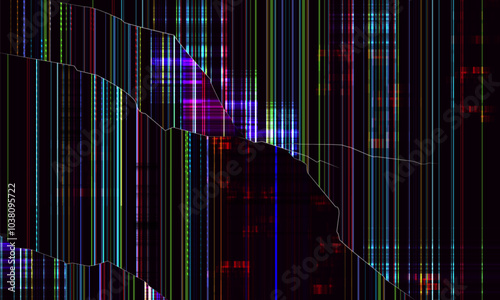 Broken screen with glitch effect. Damaged display. Cracked glass on monitor or smartphone. Vector illustration.