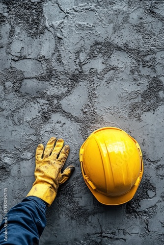 Construction worker placing yellow hard hat on textured gray wall in building...