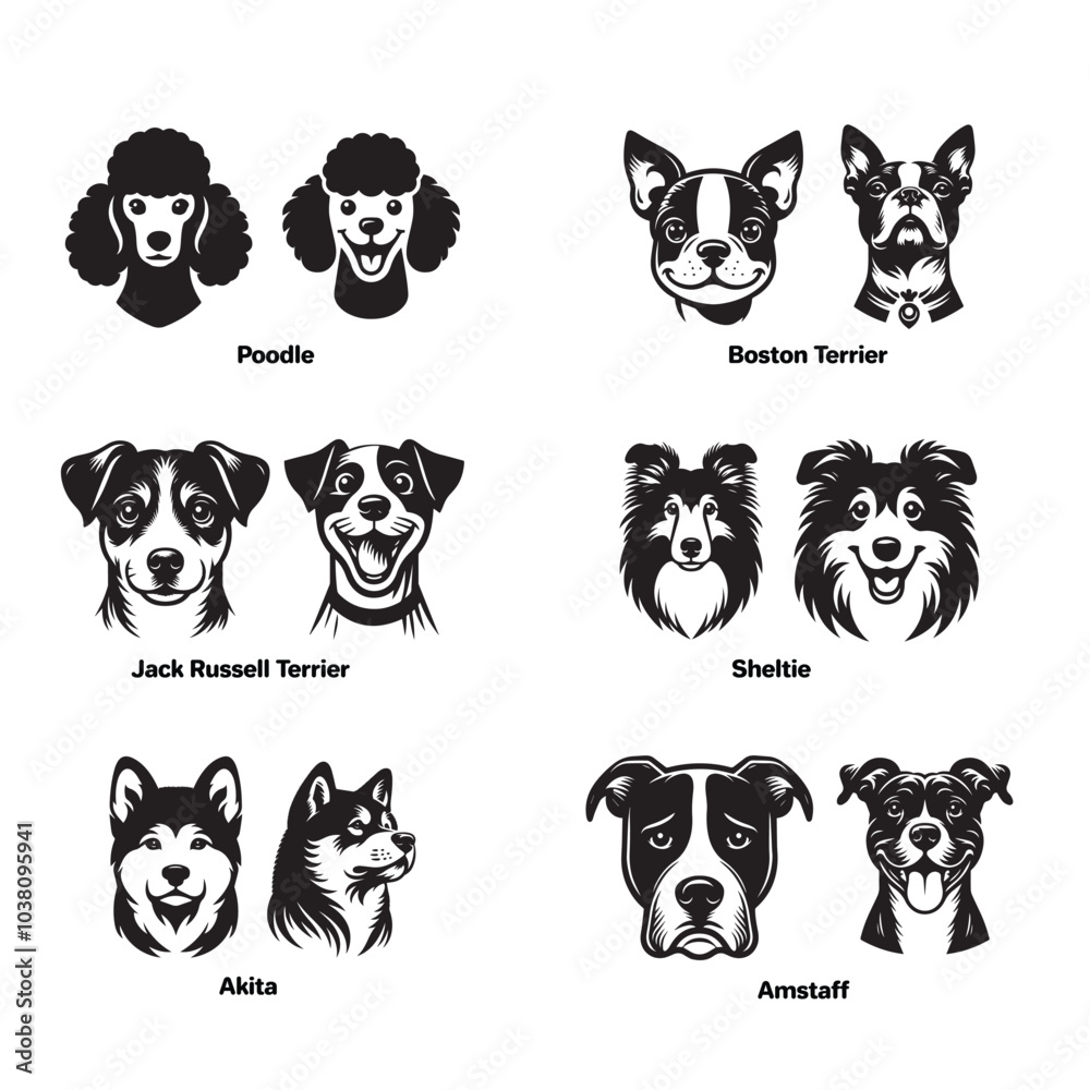 Fototapeta premium Collection of Dog head silhouette Design - Dog Breed Face Vector illustration - Dog Head Logo Concept