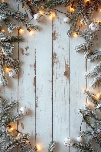Festive winter arrangement with frosted greenery and warm lights on rustic wo...