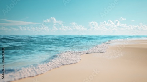 Gentle waves lap against sandy shore under bright blue sky with fluffy clouds...