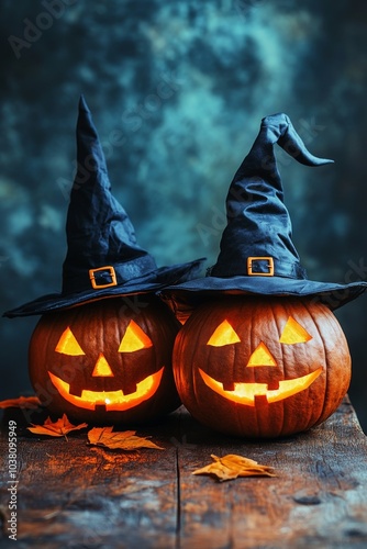 Spooky Halloween pumpkins with glowing faces and witch hats in a dark forest ...