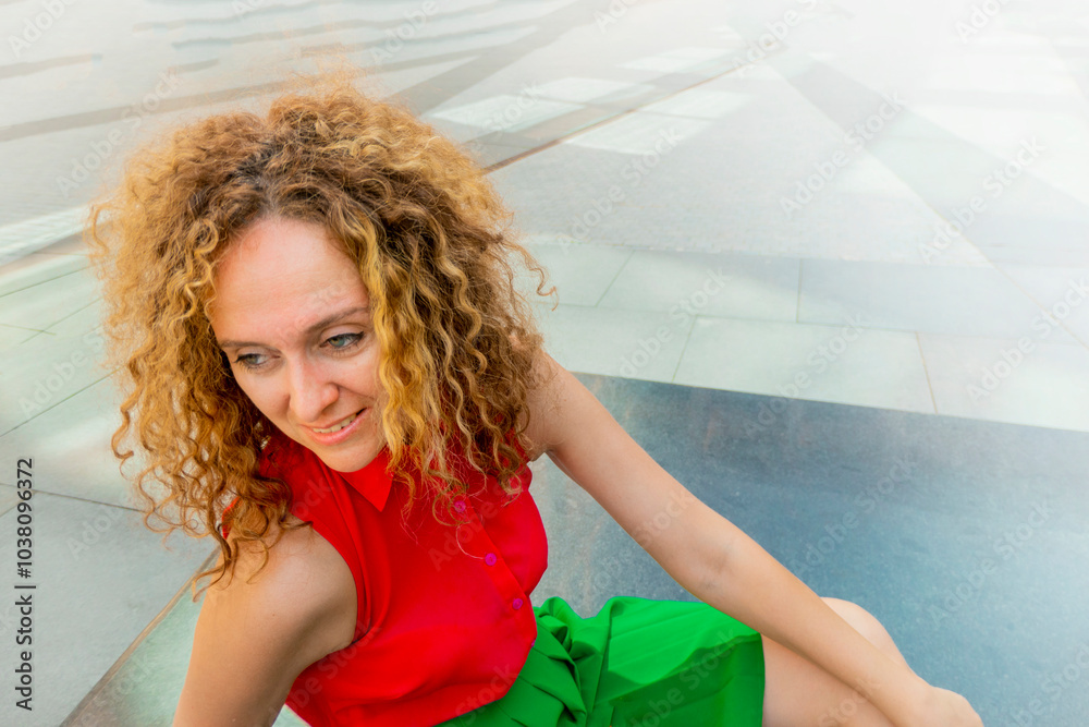 Fashionable woman in bright clothes, with long blond curly hair, is sitting in the lotus position on the street basking in the sun and resting against the background of a modern business center.