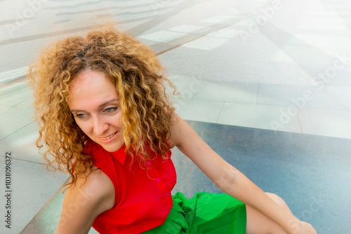Obraz na płótnie Fashionable woman in bright clothes, with long blond curly hair, is sitting in the lotus position on the street basking in the sun and resting against the background of a modern business center. w salonie