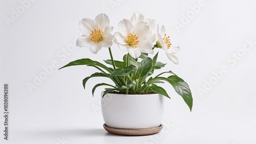 White flowers in a bright pot on a minimalistic background with copy space