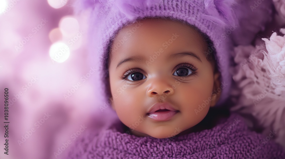 A baby with big brown eyes looks at the camera with a sweet expression. A baby with big brown eyes looks at the camera with a sweet expression.