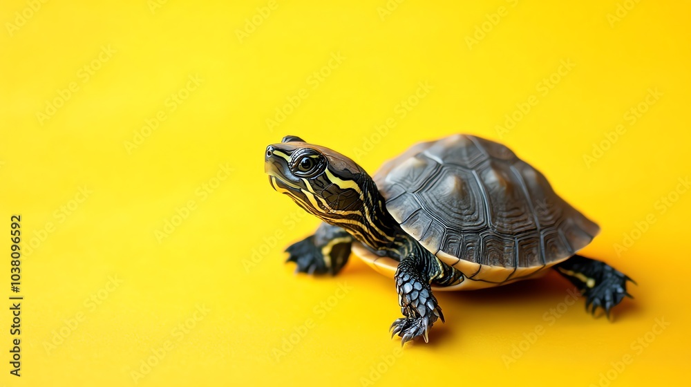 Obraz premium A small turtle on a yellow background.
