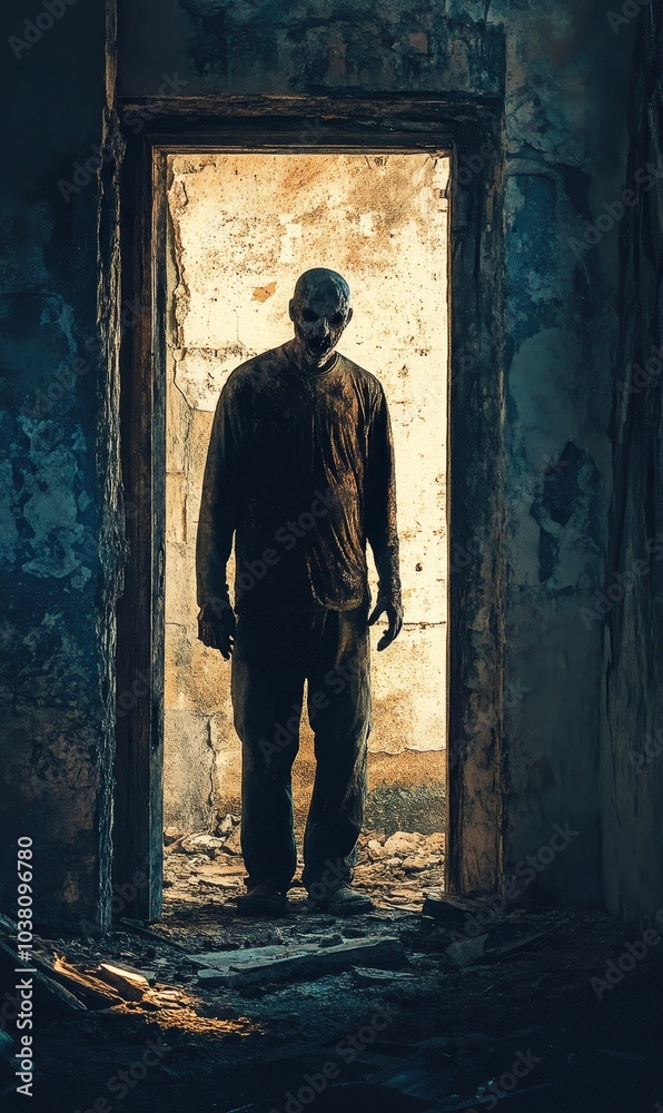 Silhouette of a masked figure in doorway. Silhouette of a masked figure in doorway.