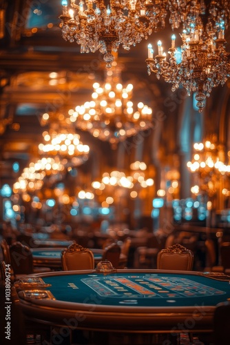 Luxurious indoor casino with crystal chandeliers and elegant decor in the eve...
