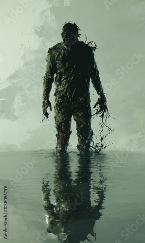 A monstrous figure stands in a murky lake.