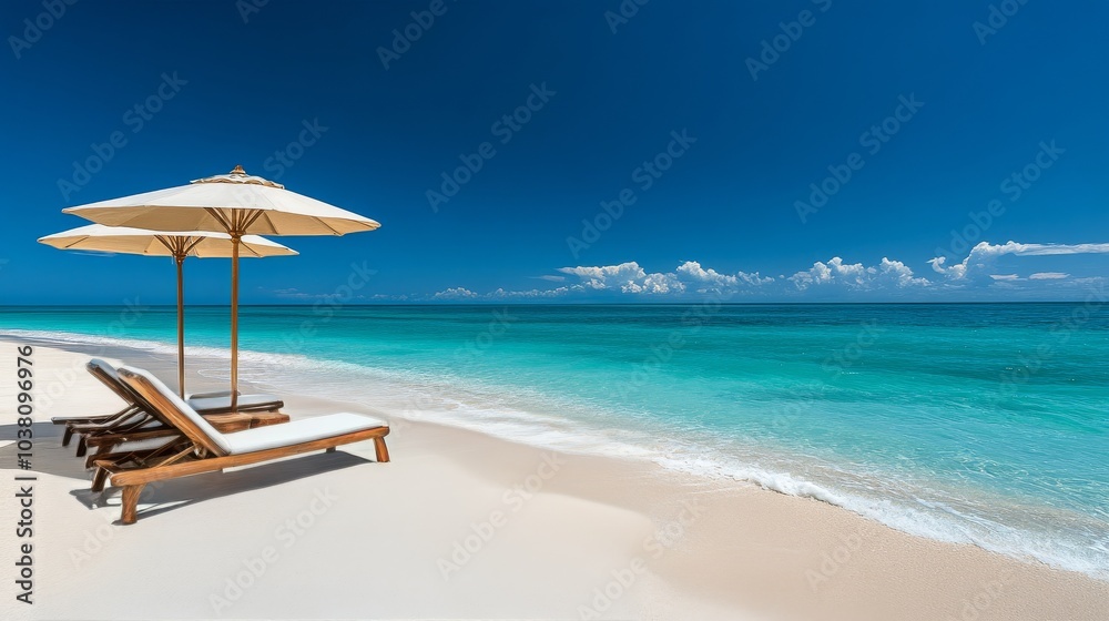 Relaxing beach chairs under a sun umbrella by clear turquoise waters on a sunny day Relaxing beach chairs under a sun umbrella by clear turquoise waters on a sunny day