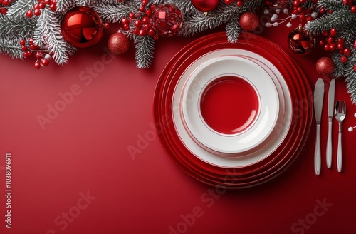 Elegant holiday table setting with red and white plates surrounded by festive...