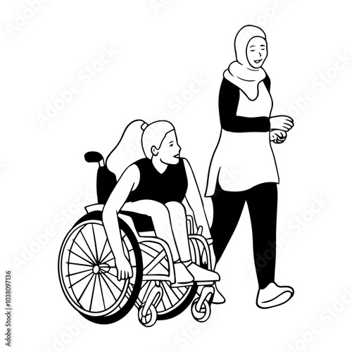 Hijab Woman Running together with a woman in wheelchair Vector