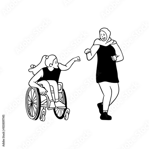 Hijab Woman Running together with a woman in wheelchair Vector
