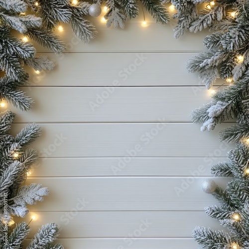 Winter holiday decoration with snow covered pine branches and warm lights on ...