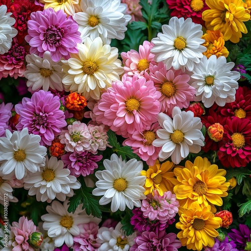 A vibrant array of multicolored flowers arranged beautifully on a floral back...