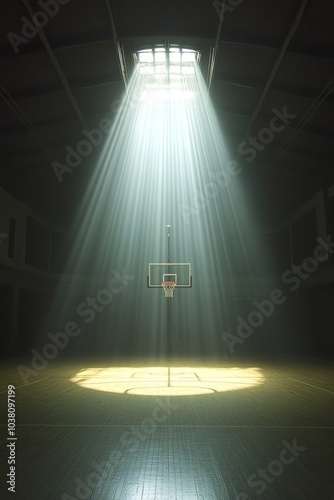 Light streaming into an empty basketball court creating a dramatic atmosphere