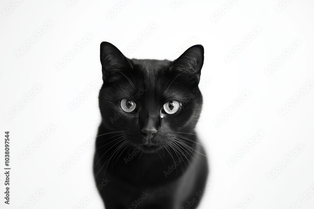 Cautious black cat standing tall with arched back, captured in minimalist studio portrait on white isolated Cautious black cat standing tall with arched back, captured in minimalist studio portrait on white isolated