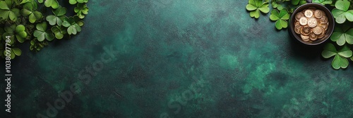 Decorative setup of gold coins and clovers on textured green background for f...