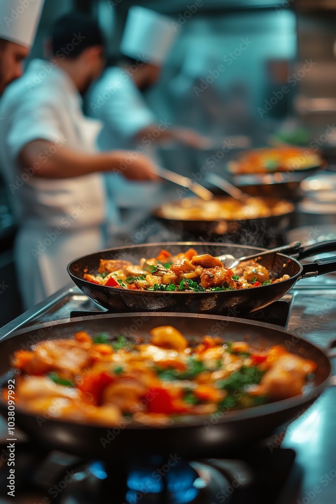 Chefs preparing delicious dishes in a bustling kitchen during a dinner service at a restaurant Chefs preparing delicious dishes in a bustling kitchen during a dinner service at a restaurant