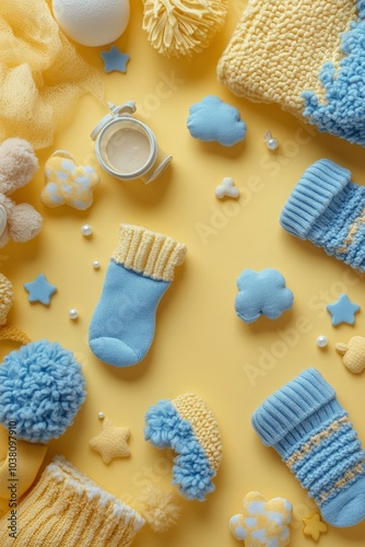 Blue baby socks surrounded by playful decorations on a bright yellow background