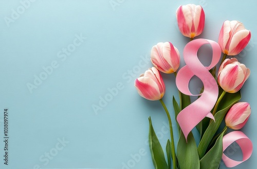 A bouquet of pink tulips with a ribbon arranged on a light blue background fo...