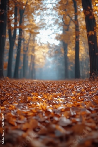 Serene forest pathway covered in orange leaves during autumn morning light