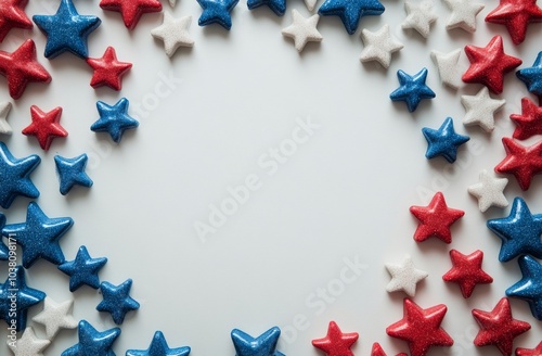 Red, white, and blue star decorations arranged on a white background for a fe...