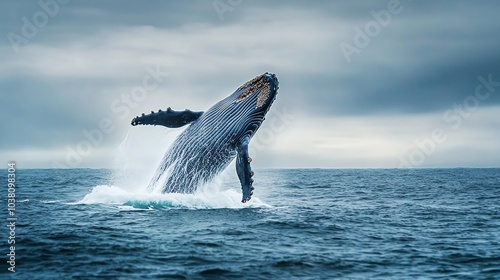 A humpback whale breaches out of the water.