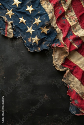 Worn American flag displayed artistically against a dark background in a sere...