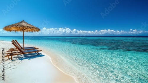 Relaxing beach chairs under a sun umbrella by clear turquoise waters on a sun...