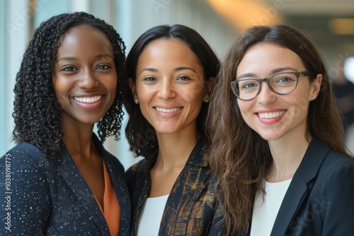 Three diverse and confident businesswomen standing together indoors, smiling warmly at the camera, symbolizing teamwork, success, and female empowerment in the workplace.