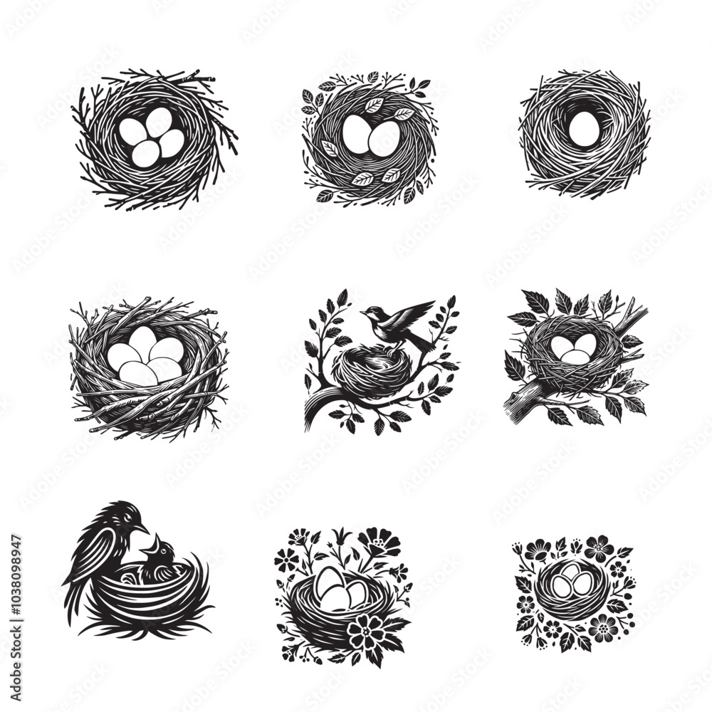 Obraz premium Collection of Birds Nest silhouette Design - Eggs Nest Vector illustration