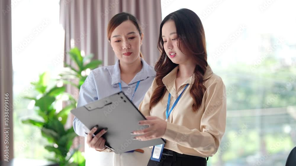 Two young women are standing in an office, discussing work while one holds a tablet. They appear to be collaborating on a project in a modern coworking space.