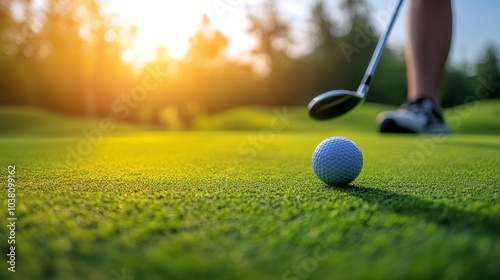 A golfer prepares to drive a ball during sunset at a lush green golf course