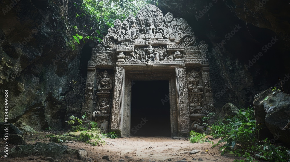 Enigmatic Cave Entrance with Intricate Carvings Revealing a Treacherous Labyrinth of Secrets and Riches Enigmatic Cave Entrance with Intricate Carvings Revealing a Treacherous Labyrinth of Secrets and Riches
