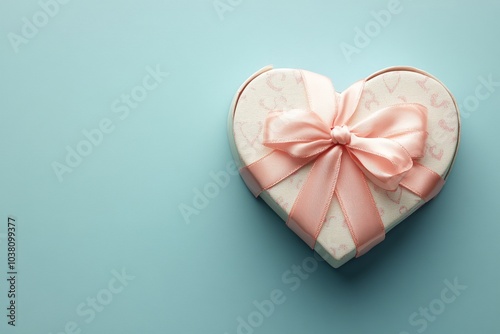 Heart shaped gift box with pink ribbon on a light blue background adorned wit...