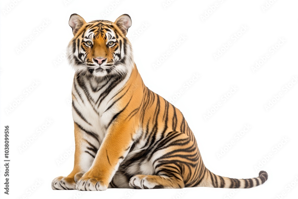 Obraz premium Striking full length portrait of a serious tiger sitting upright on a white background isolated