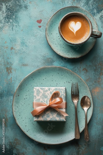 A cozy breakfast setting with a heart shaped latte art and a beautifully wrap...