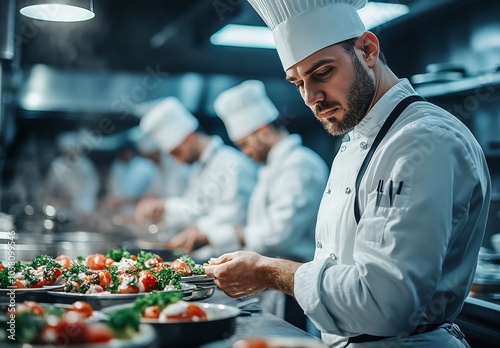 Culinary team preparing fresh ingredients in a busy restaurant kitchen during...