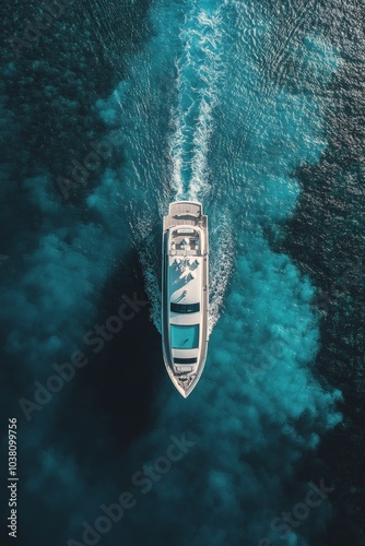 Luxury boat cruising over shimmering blue waters at sunset near a coastal area