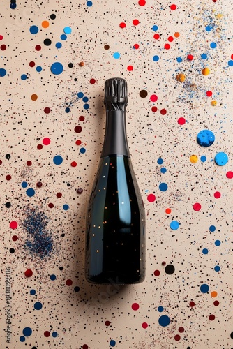 Elegant black champagne bottle surrounded by festive golden confetti on a lig...