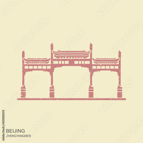 Chinese paifang, or pailou on a pedestrian street Qianmen Zhengyangmen symbol. Vector icon in retro style