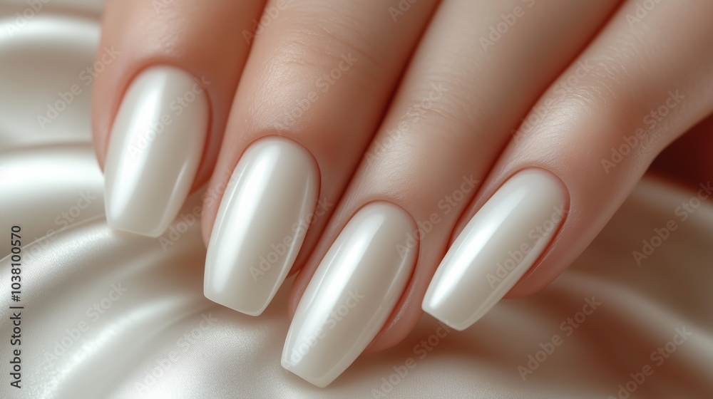Elegant hand with long white manicure resting on satin fabric Elegant hand with long white manicure resting on satin fabric