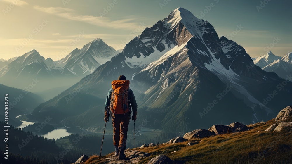 A lone hiker with a backpack walks along a mountain ridge towards a snow-capped peak. A lone hiker with a backpack walks along a mountain ridge towards a snow-capped peak.