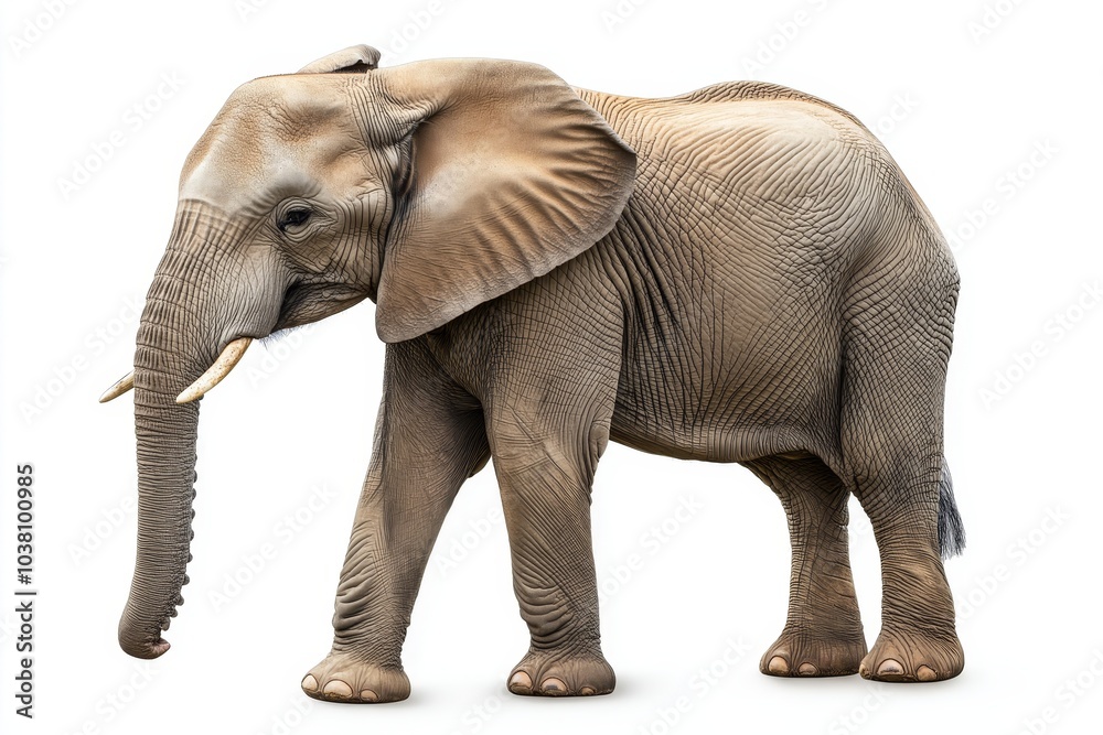 Elegant portrait of a thoughtful elephant standing gracefully against a clean white background isolated Elegant portrait of a thoughtful elephant standing gracefully against a clean white background isolated