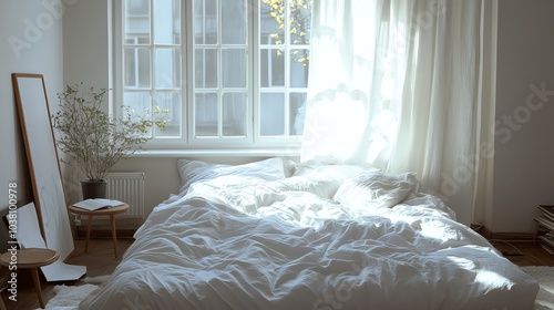 A cozy bedroom with a white bed and white curtains, bathed in sunlight streaming through the window.