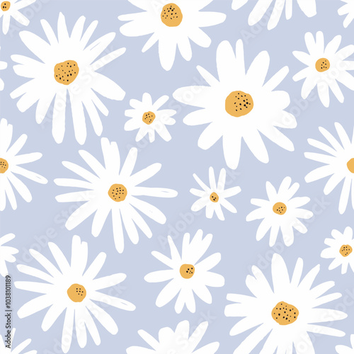 Seamless ink drawn chamomile flowers pattern. Fashion floral petal texture made with brush. Creative fabric, textile, wallpaper background.